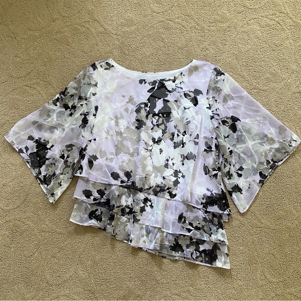 Alex Evenings Women's Petite Small Silky Lined Blouse Floral Asymmetrical Ruffle